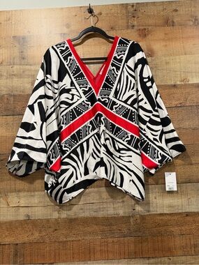 New Nine West Black & White & Red Geometric Zebra V-Neck Kimono Top Size XL